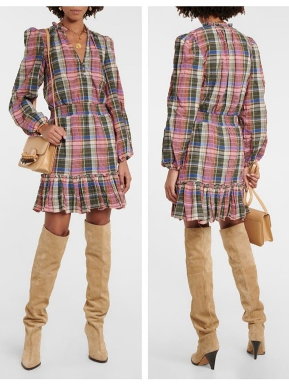 New Veronica Beard Plaid Mini Dress Size 16 Ruffle Hem Long-Sleeve Pink Green